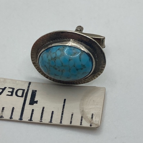 Vtg Turquoise Hubbell Glass Cabochon Silver Tone Cufflinks 1” - Picture 5 of 5